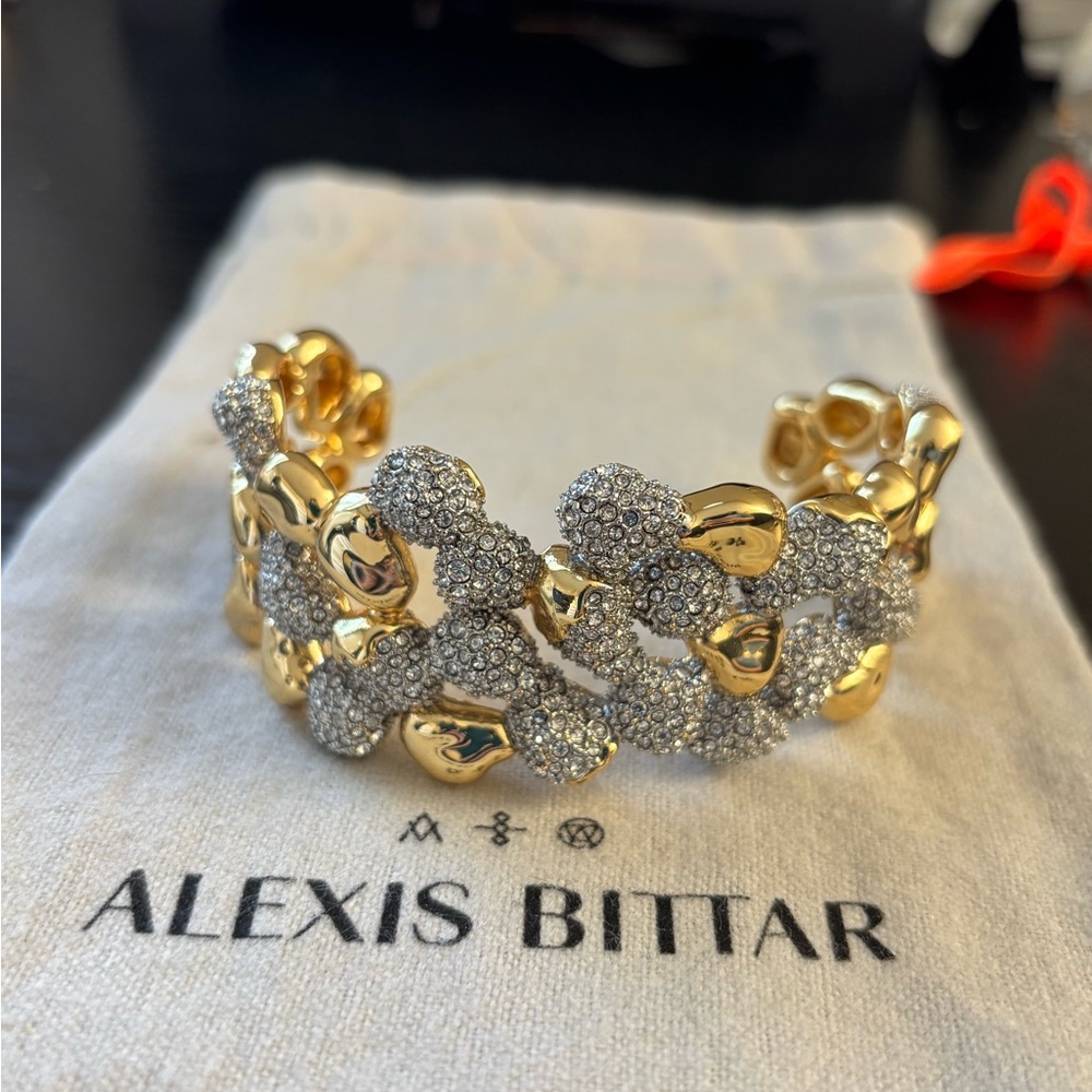 Alexis Bittar Gold and Crystal Pavé Linked Open Cuff Braceletz - Picture 11 of 13